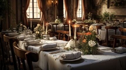 Fototapeta na wymiar White clothed banquet tables in the old house hall display floral arrangements candles plates glasses and cutlery