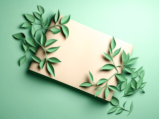 Mock up of blank paper card with green leaves.