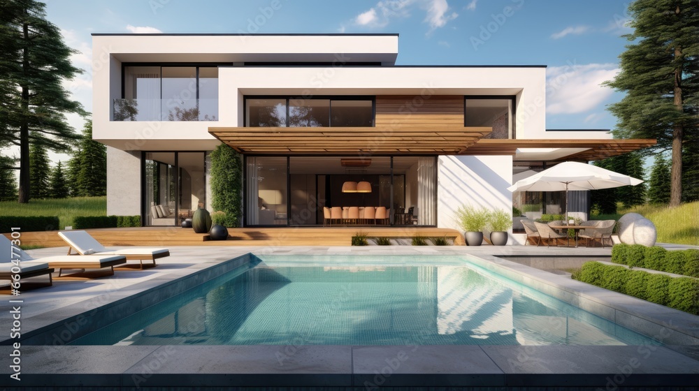 Aufkleber modern house design rendered in 3d with a pool