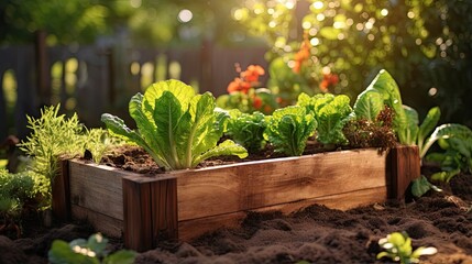 Fototapeta na wymiar Wooden raised bed garden for vegetables and lettuce