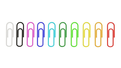 Set of colorful paper clips isolated on transparent and white background. Office concept. 3D render