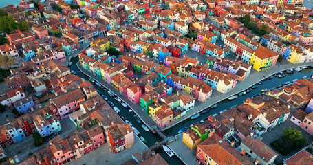 Aerial view of the colorful houses on Burano Island, in the province of Venice, Veneto region, Italy