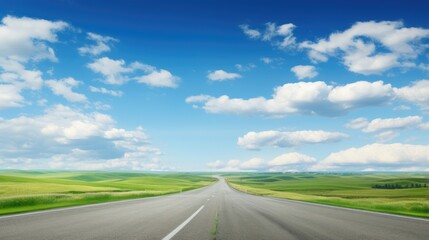 Vast prairie landscape with long highway green hills and blue sky in summer