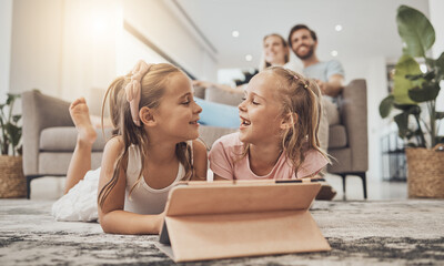 Kids on floor of living room with tablet, smile and watching video, movie streaming and technology. Digital games, online app and happy girl children relax on carpet together with fun in family home. - obrazy, fototapety, plakaty