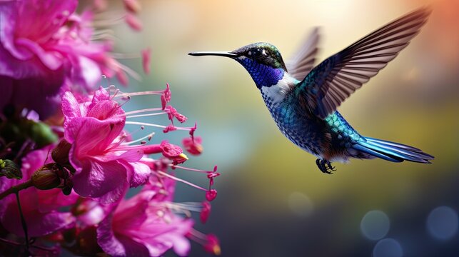 Vibrant blue bird flying alongside a pink flower in Costa Rica representing a wildlife scene in South America