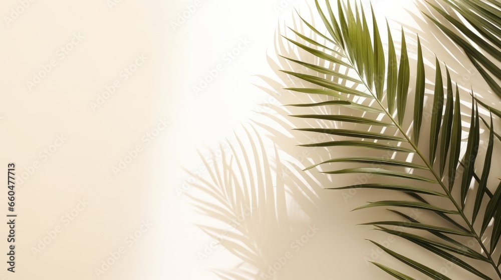 Aufkleber palm leaf shadows on a white wall and cream pastel floor abstract background with palm leaf shadows 