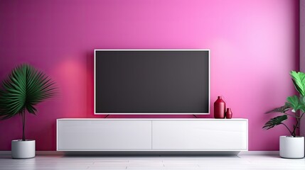 Modern living room with white viva magenta wall background and a TV on the cabinet