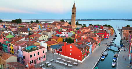 Aerial view of Burano Island at sunset golden hour, Venice, Italy