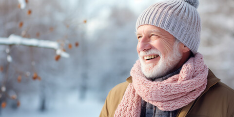 smiling elderly man in a knitted scarf and hat. ai generative