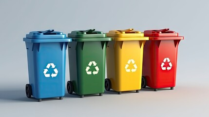 Minimal 3D garbage classification with recycling symbol and different colored bins promoting environmental conservation and waste sorting