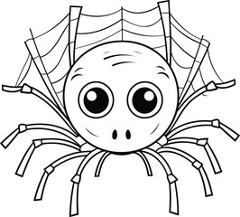 Spider coloring page for kids. Black and white illustration of spider.