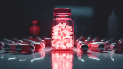 Prescription opioids, with bottle of many pills on the mirror light table. Concept of addiction, opioid crisis, overdose and medicine shopping. ai generative - obrazy, fototapety, plakaty