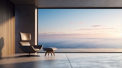 Minimal 3D rendering of a modern house or luxury hotel with a view of the sky and sea