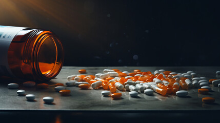 Prescription opioids, with bottle of many pills on the mirror light table. Concept of addiction, opioid crisis, overdose and medicine shopping. ai generative - obrazy, fototapety, plakaty
