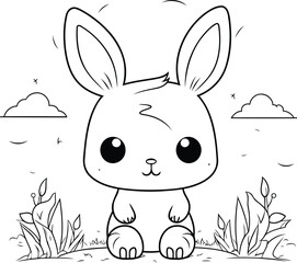 cute little rabbit animal cartoon vector illustration graphic design in black and white
