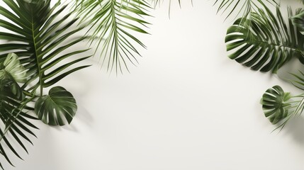 Nature concept with 3D rendered beautiful tropical palm leaves casting shadows on a white wall Background empty backdrop natural summer beach with sunlight eco friendly tropicana vibes outdoor - Powered by Adobe