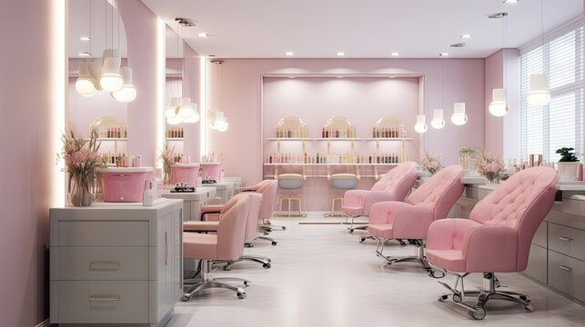 Modern beauty salon interior with manicure area featuring tables lamps and cozy chairs An interior design concept for hairdressers and nail artists in a barbershop setting Horizontal layout