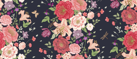 Seamless Floral Pattern. Luxurious Garden Flowers, Butterflies and Dragonflies. Vector. Vintage.