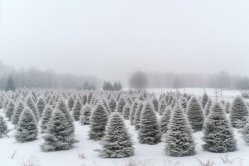 Christmas tree farm covered in snow, featuring trees of different sizes. Generative AI