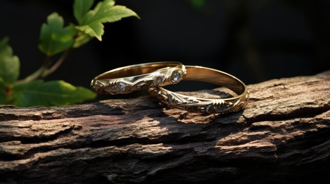 Tree branch adorned with wedding bands
