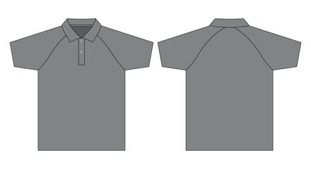 Blank Gray Raglan Short Sleeve Polo Shirt Template On White Background.Front and Back View, Vector File