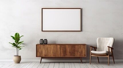 Obraz na płótnie Canvas Mockup of a poster frame amidst vintage furniture in a rendered home interior
