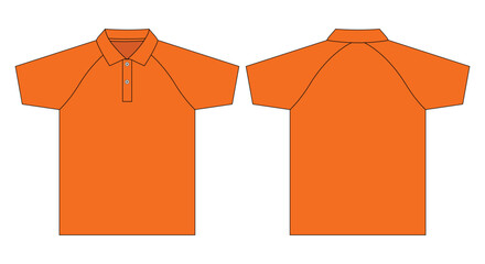 Blank Orange Raglan Short Sleeve Polo Shirt Template On White Background.Front and Back View, Vector File