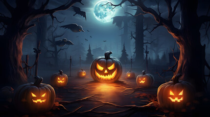 Spooky halloween background with pumpkins and forest. Halloween background with Evil Pumpkin. Spooky scary dark Night forrest. Holiday event halloween banner background wallpaper concept