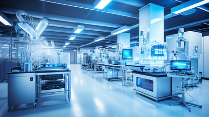 High-tech laboratory with advanced equipment inside a pharmaceutical manufacturing facility. ai generative