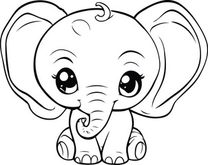 Cute Cartoon Elephant. Vector illustration. Coloring book for children.