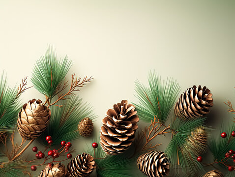 Christmas background with pine cones and fir branches.