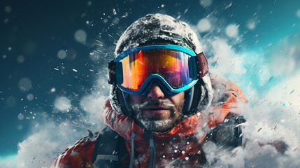 snowboarder or skier while skiing on snowy mountains. extreme winter holiday.close-up. ai generative