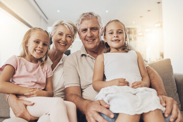 Smile, grandparents and kids in portrait in home living room, support and bonding together. Happy...