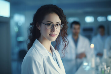 Obraz premium A beautiful Asian female scientist stands in a white coat and glasses in a modern medical science laboratory with a team of experts in the background.