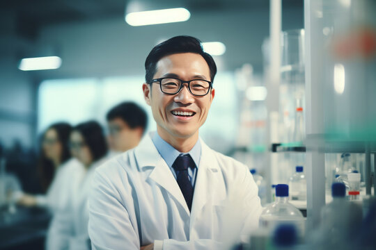 A beautiful Asian male scientist stands in a white coat and glasses in a modern medical science laboratory with a team of experts in the background.