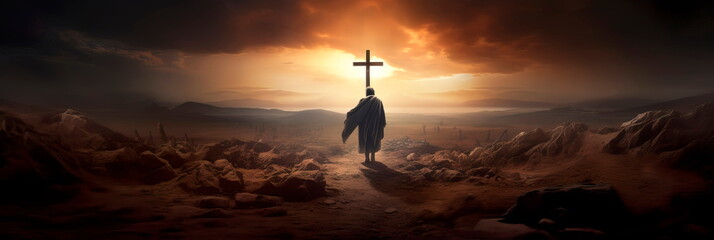 Christian pilgrim on the path of faith to the cross, symbolizing the path of repentance and redemption. - obrazy, fototapety, plakaty