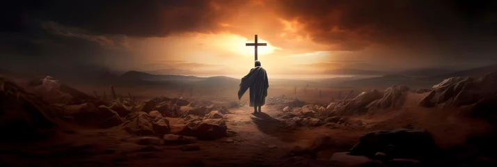 Foto op Canvas Christian pilgrim on the path of faith to the cross, symbolizing the path of repentance and redemption. © Maximusdn