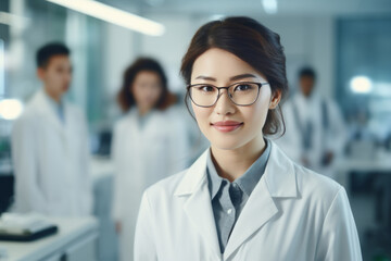 A beautiful Asian female scientist stands in a white coat and glasses in a modern medical science laboratory with a team of experts in the background.
