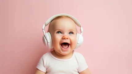 Fotobehang cheerful surprised child wearing headphones to listen to music, music has a positive effect on the child's cognitive development concept. ai generative © Oleksandr