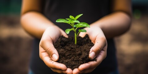 Unrecognizable woman holding a green seedling growing in soil - obrazy, fototapety, plakaty