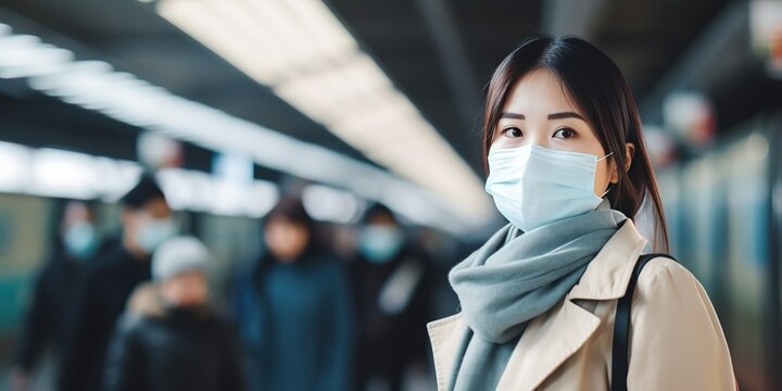 Asian woman with coronavirus walking with a surgical mask for protection