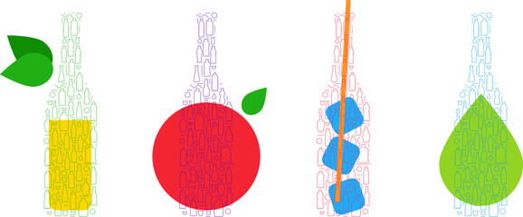 Vector abstract glass or plastic bottle silhouette with simple flat form for cocktail, alcohol or juice in modern geometric style. Set creative minimalistic fashion composition. Art illustration.