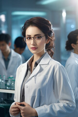 Fototapeta premium A beautiful Asian female scientist stands in a white coat and glasses in a modern medical science laboratory with a team of experts in the background.