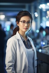 Naklejka premium A beautiful Asian female scientist stands in a white coat and glasses in a modern medical science laboratory with a team of experts in the background.