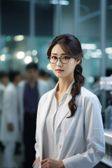 A beautiful Asian female scientist stands in a white coat and glasses in a modern medical science laboratory with a team of experts in the background.