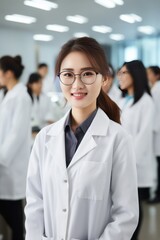 Fototapeta premium A beautiful Asian female scientist stands in a white coat and glasses in a modern medical science laboratory with a team of experts in the background.