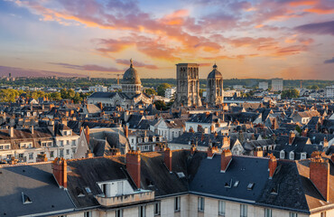 Aerial cityscape view of Tours City in the Loire Valley in sunset light in France - obrazy, fototapety, plakaty