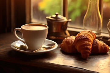 morning coffee and french croissant. breakfast concept