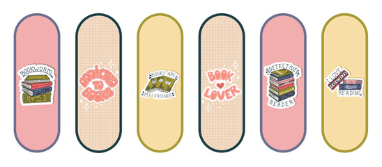 Cute Bookmarks. Set of paper bookmark templates for book lovers. Vertical postcards. Vector..