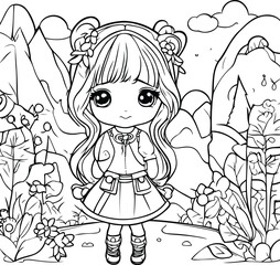 Cute little girl in the garden. Coloring book for children.